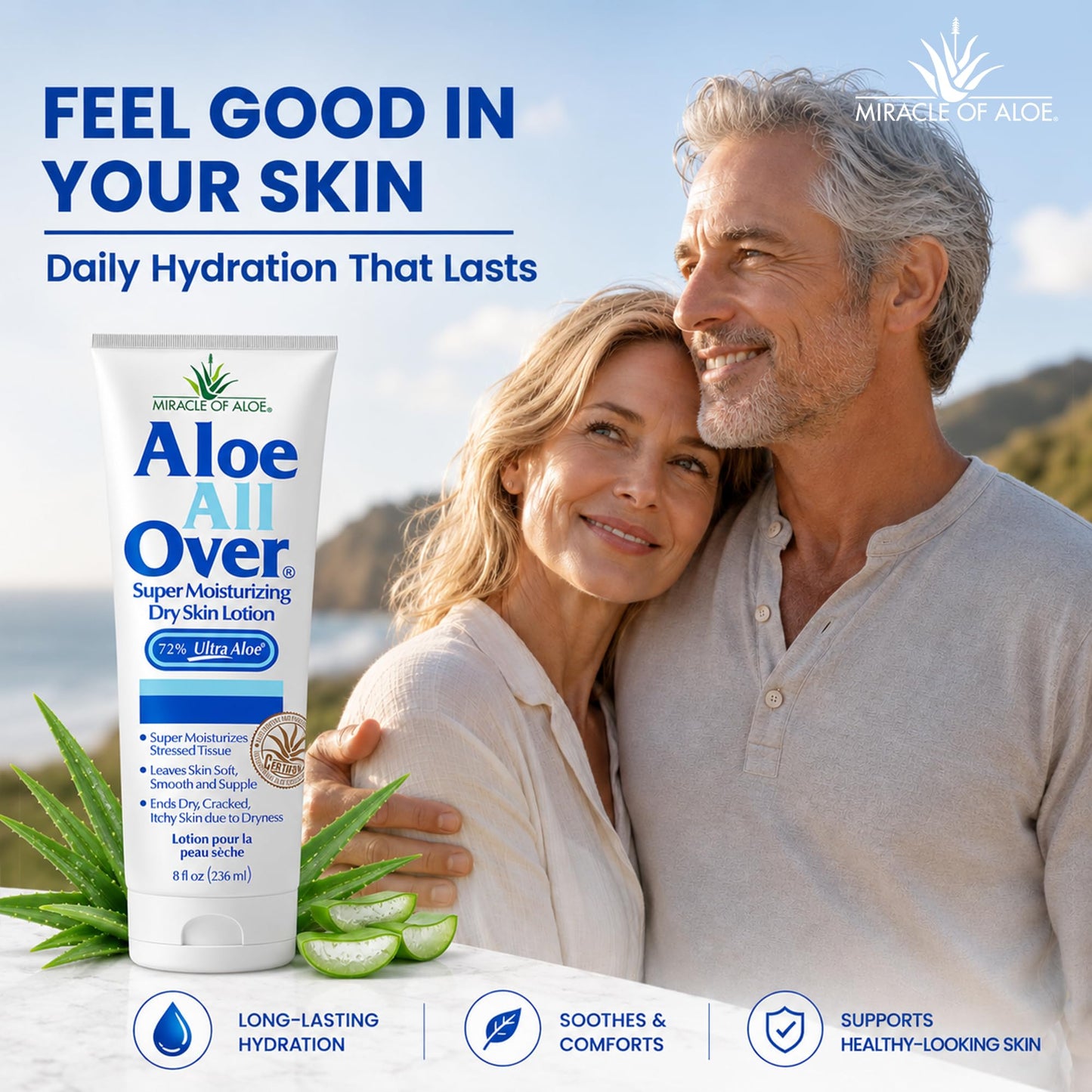 Aloe All Over Super Moisturizing Dry Skin Lotion, 3-Pack, 8 oz, 72% Aloe Vera Gel. Safe for Everyone, Ends Flaking and Restores Dry Skin Fast