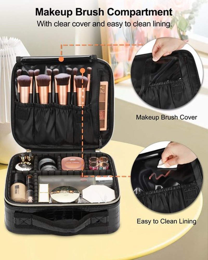 Relavel Travel Makeup Case, Train Case Makeup Brush Organizer, Professional Makeup Artist Makeup Bag, with Adjustable Partition and Shoulder Straps (Crocodile, Small)