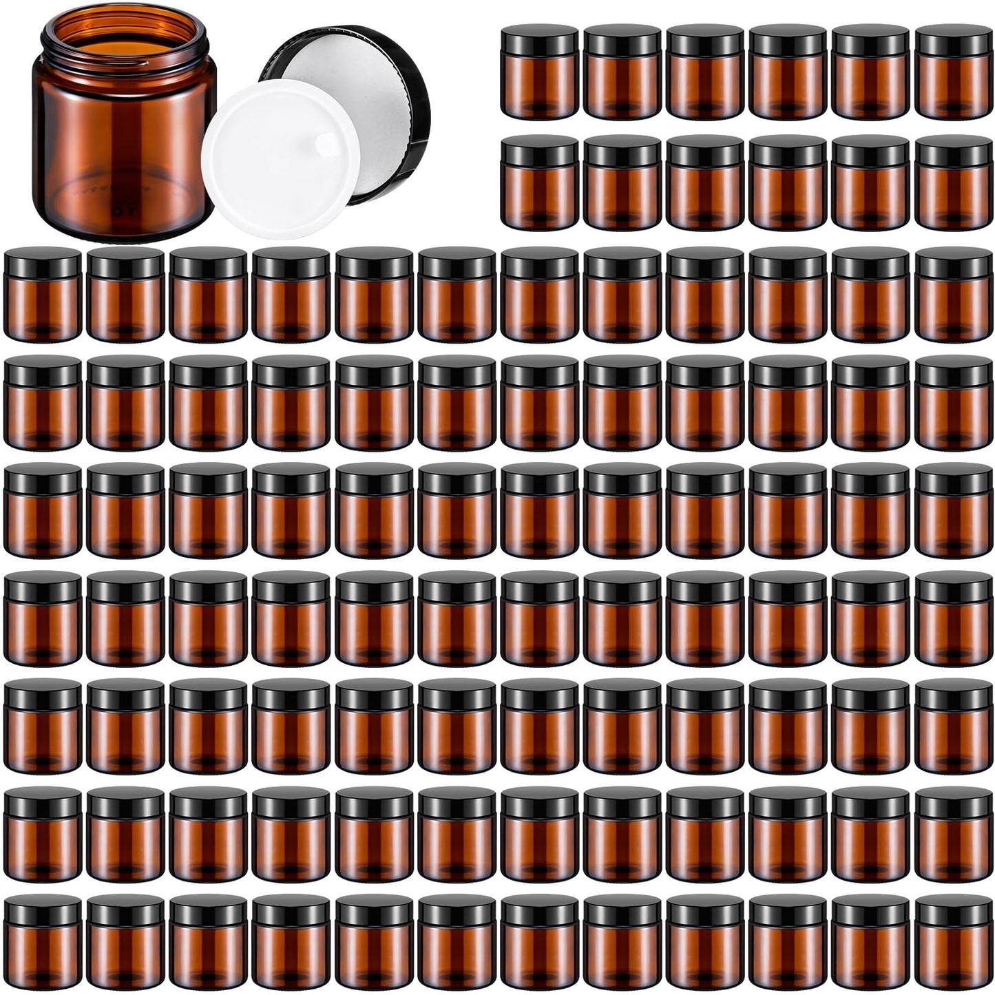 Norme 120 Pcs 4 oz Glass Jars with Lids Leakproof Round Airtight Empty Cosmetic Jars with Inner Liners Lid for Storing Lotions Powder Ointments Making Tins (Black,Amber)