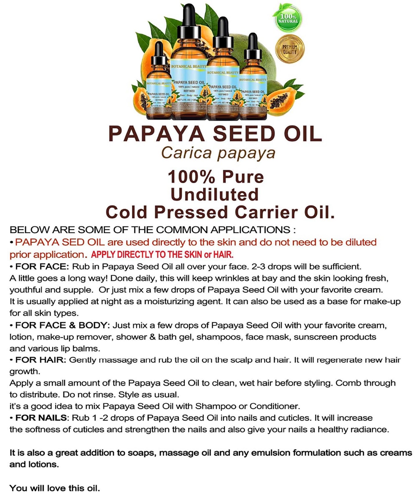 Botanical Beauty PAPAYA SEED OIL 100% Pure Natural Undiluted Refined Cold Pressed Carrier Oil. 2 Fl.oz.- 60 ml. for Face, Skin, Hair Lip Care, Nails. Rich in Vitamin C
