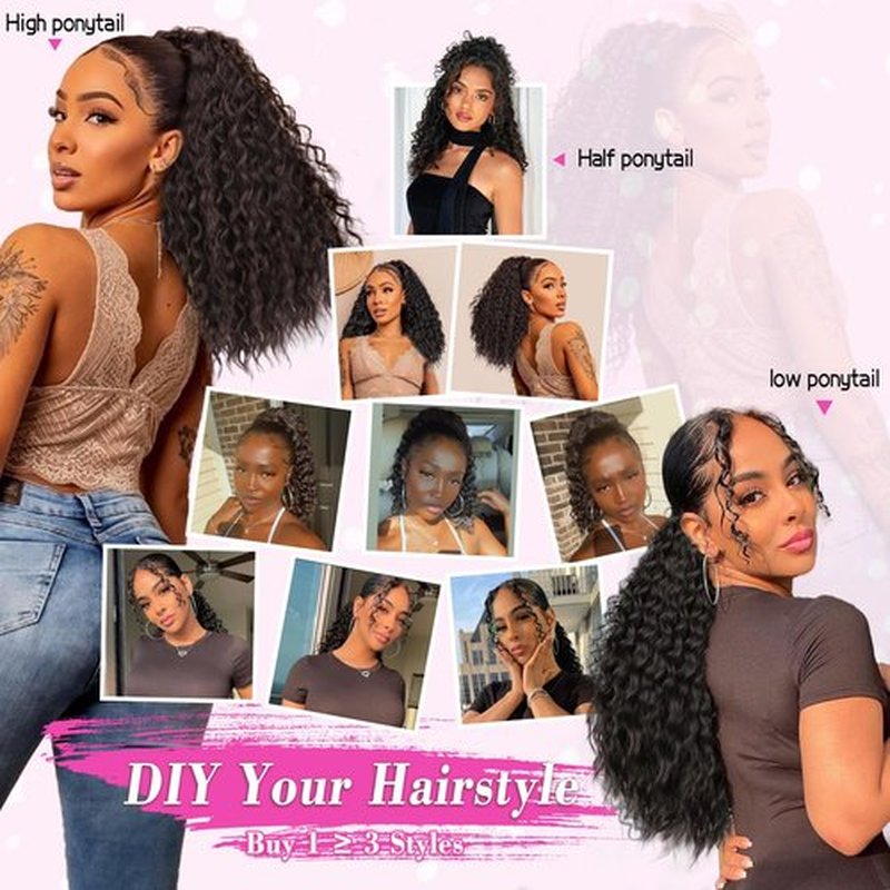 QGZ Ponytail Extension Drawstring Ponytail for Black Women 18 Inch Synthetic Long Afro Curly Fluffy Ponytail for Daily Use(Black)