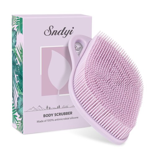 Sndyi Silicone Body Scrubber, Gentle Exfoliating Body Scrubber for Sensitive Skin, Leaf Shaped Shower Scrubber for Body with Lathering Bristles, Silicone Loofah Body Brush for Showering, Purple