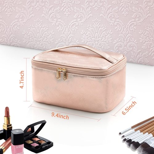 OCHEAL Rose Gold Makeup Bag,Travel Makeup Organizer Bag, Large Capacity Cosmetic Bags For Women Large Travel Toiletry Bag Girls Traveling With Brush Slot And Divider