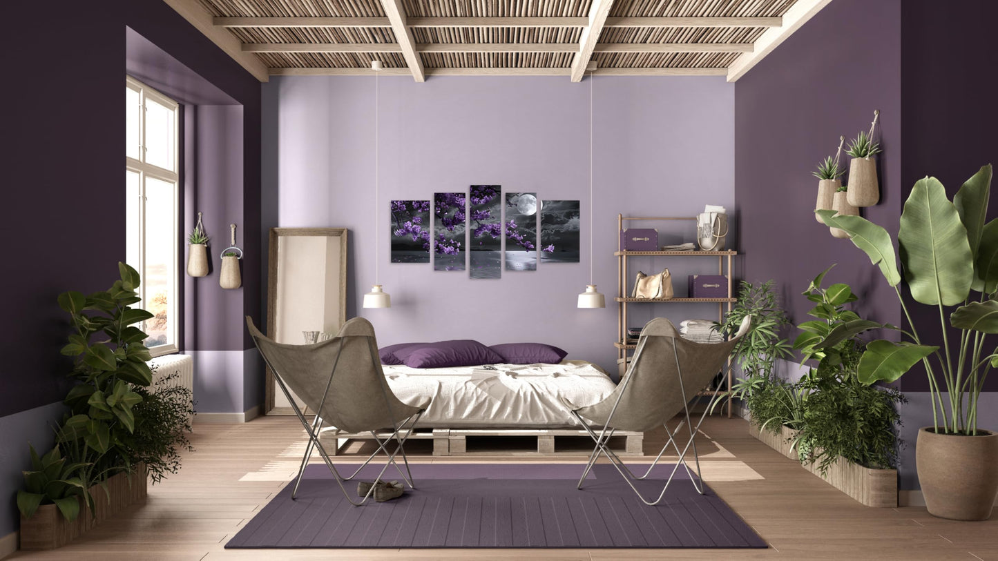 TutuBeer 5 Pcs Purple Bedroom Pictures Wall Decor Purple Canvas Art Black and White Sea Night Full Moon Flower Print on Canvas Flower Wall Picture for Room Decor Stretched and Framed