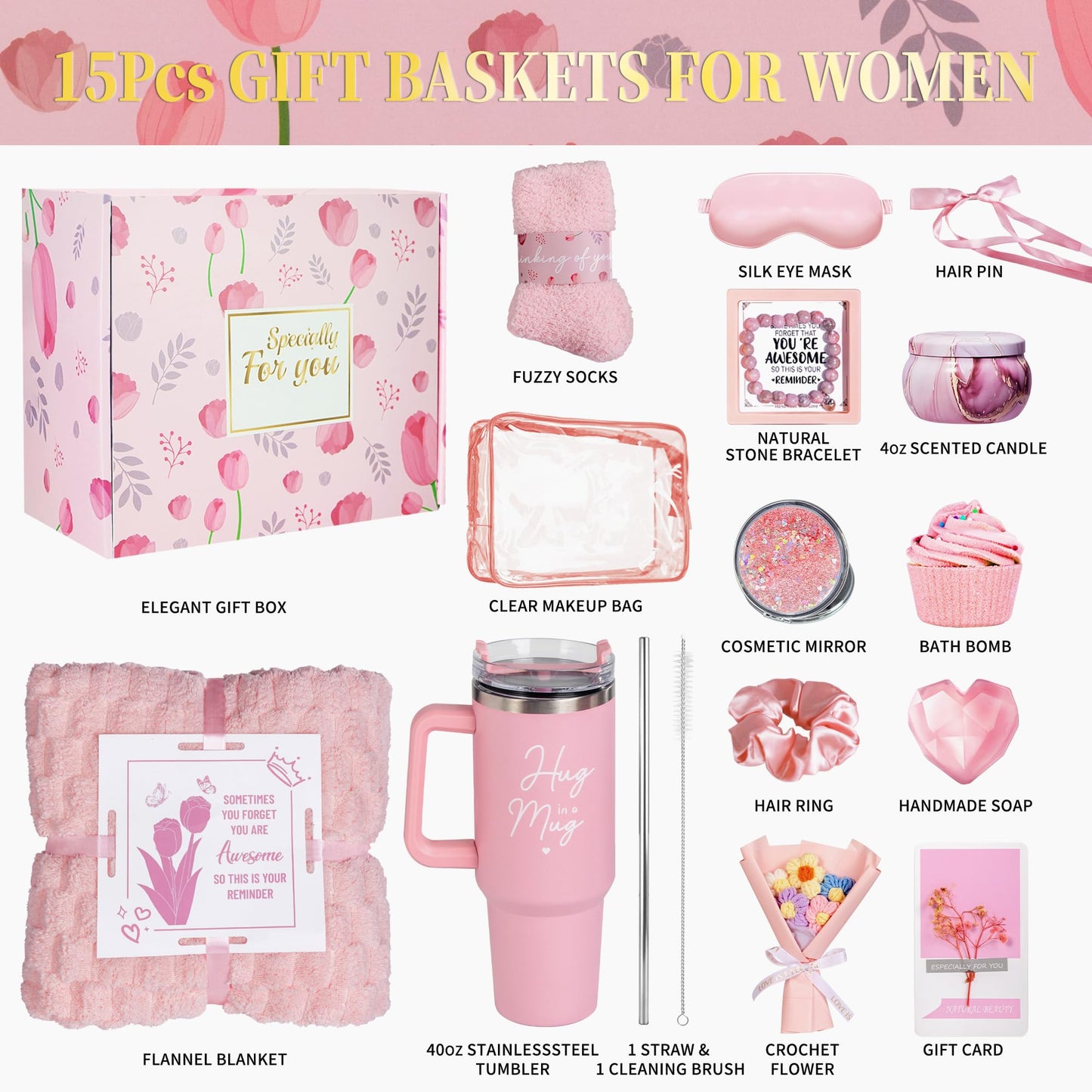 15 Pcs Get Well Soon Gift Baskets for Women, Mother's Day & Birthday Gifts for Mom, Wife, Friend, Care Package with Soft Blanket & Insulated Tumbler, Rose Pink