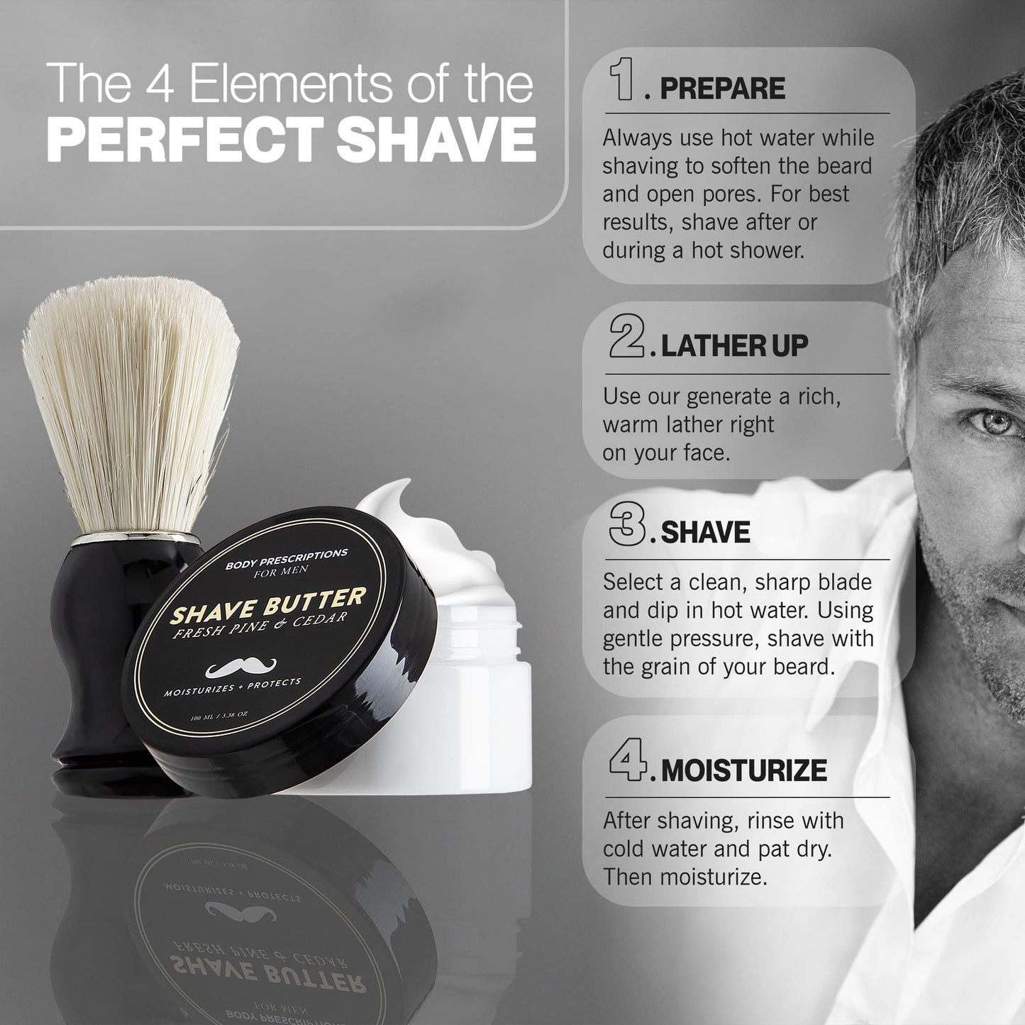 Body Prescriptions Men's Grooming Kit- Shaving Set for Men Including Fresh Pine & Cedar Shave Butter and Shave Brush, Shaving Accessories, Holiday Gifts for Men