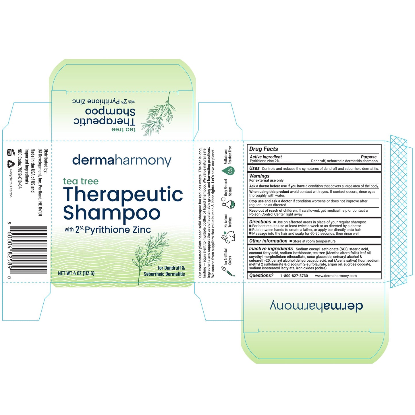 Dermaharmony 2% Pyrithione Zinc Shampoo Bar - Tea Tree (4 Oz)