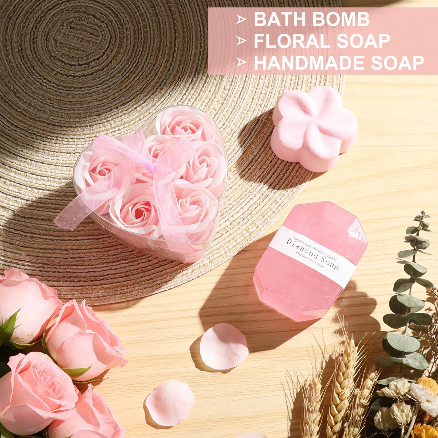 Birthday Gifts for Women Mother's Day Gift Self Care Get Well Soon Gifts Flower Relaxing Spa Gift Basket Bath Set,Unique Luxury Self Care Box Gift for Mom Her Wife Sister Girlfriend, Girl Friend Pink