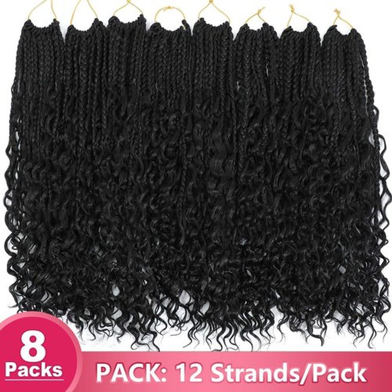 Goddess Box Braids Crochet Hair 14 inch 8Packs Pre Looped Boho Box Braids Braiding Hair Curly Ends Bohomian Crochet Box Braids (1B#, 14 inch)