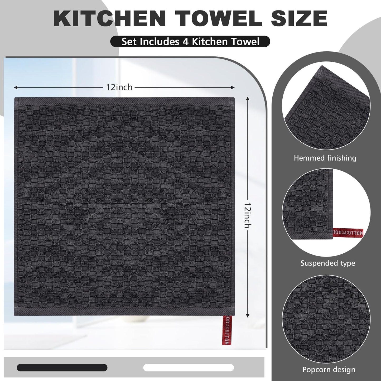 INFICRIME 4 Pack 100% Cotton Wash Cloth, 12x12 Inch Highly Absorbent and Soft Feel Fingertip Towels, Machine Washable Washcloths for Bathroom, Gym, Hotel, Spa and Kitchen, White/Grey