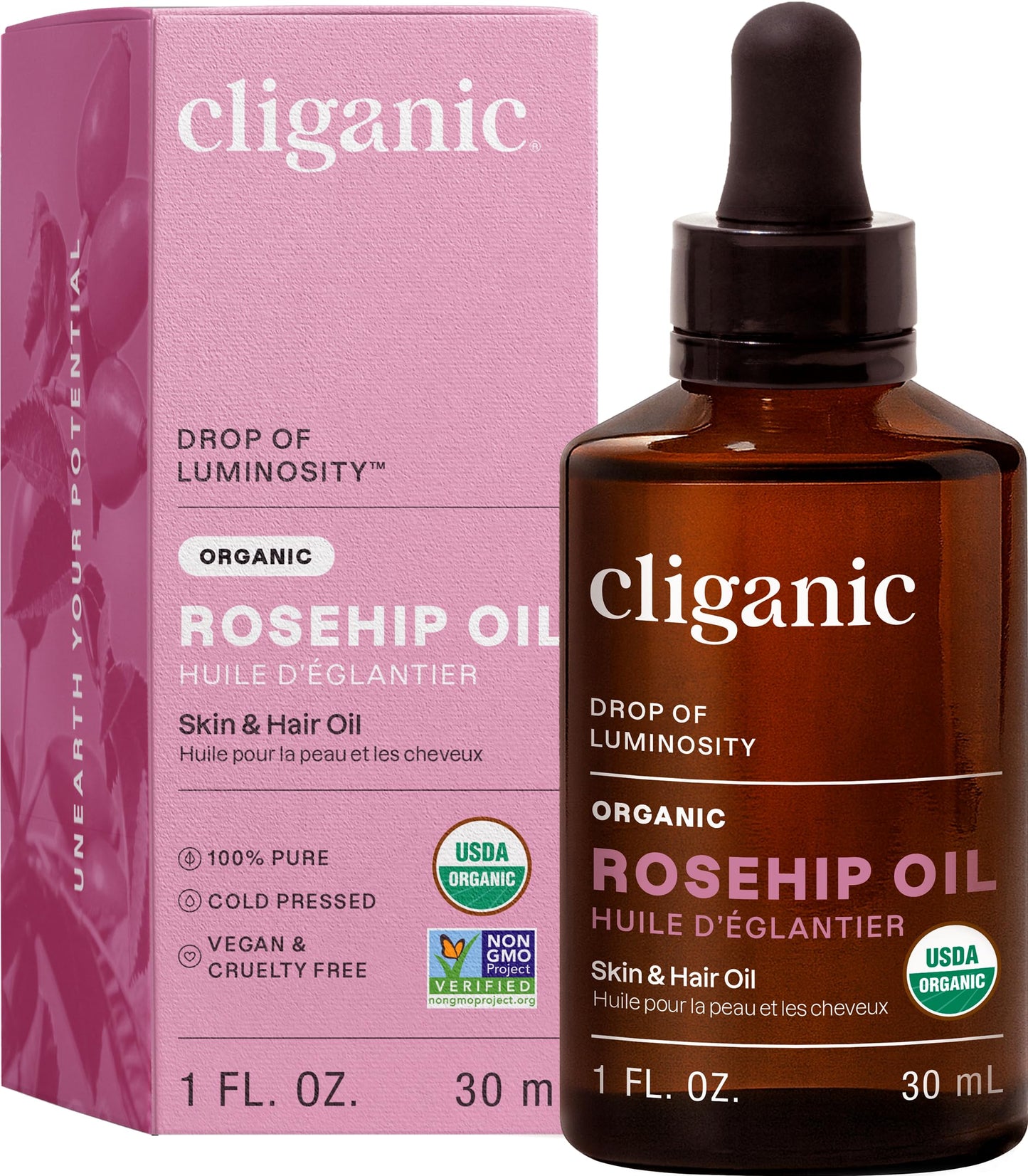 Cliganic Organic Rosehip Seed Oil for Face, 100% Pure | Natural Cold Pressed Unrefined Non-GMO | Carrier Oil for Skin, Hair & Nails (Packaging May Vary)