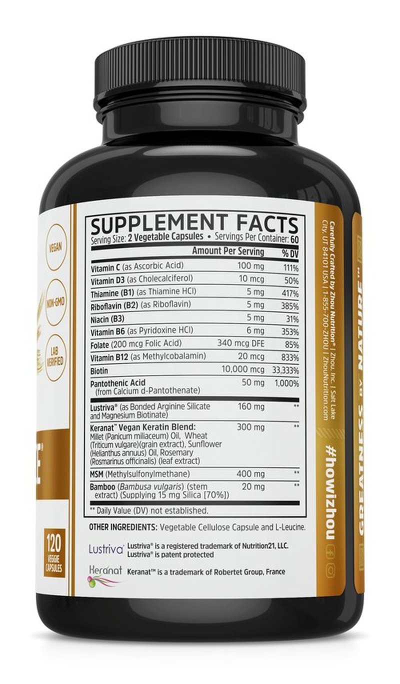 ZHOU Hairfluence, Hair Growth Supplement with Clinically Studied Lustriva and Keranat and Hair Vitamins Biotin 5000mcg, Vitamin D, A, C & B12, Non-GMO, Gluten Free, 120 VegCaps