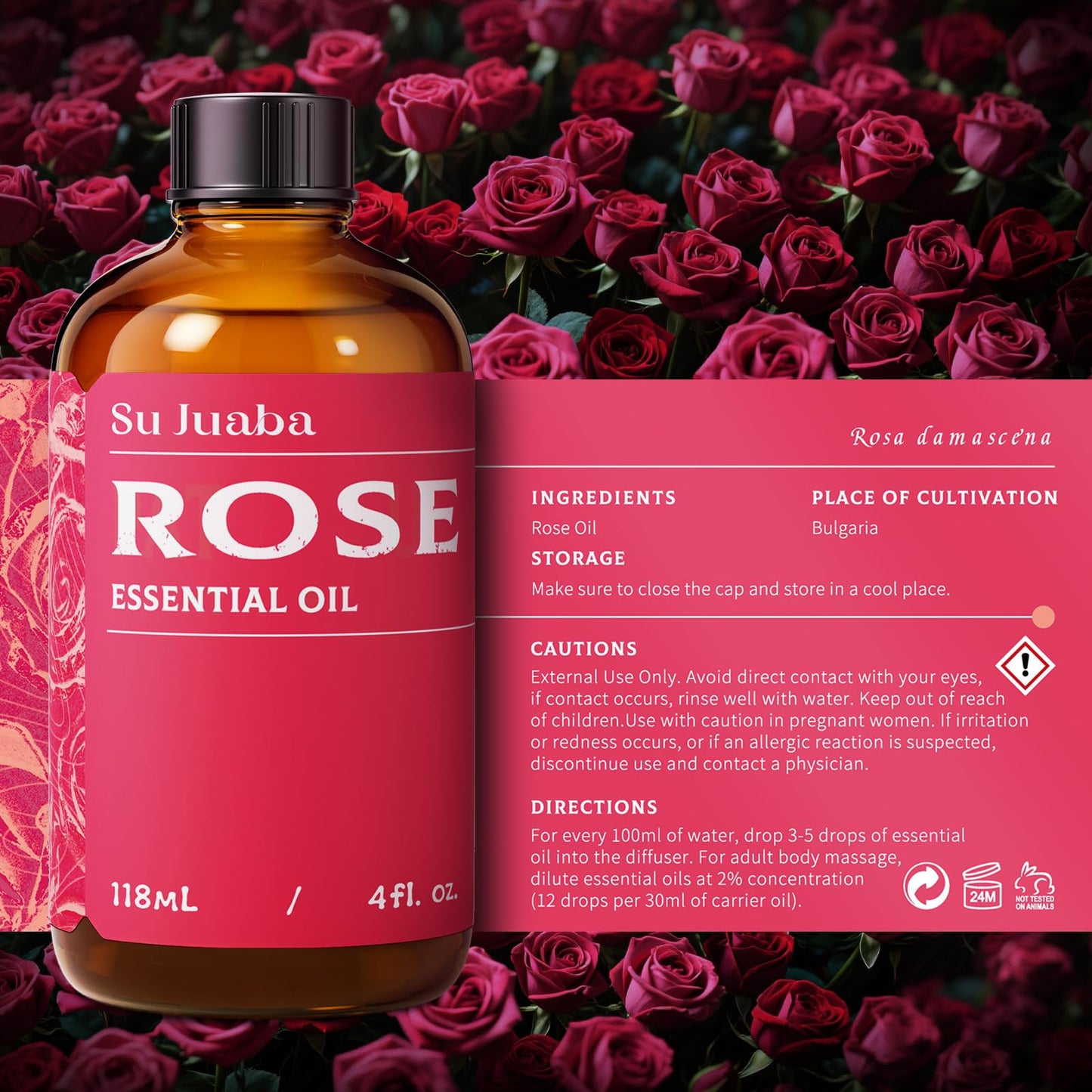 SU JUABA Rose Essential Oil 4 Fl Oz, Rose Oil for Face, Skin, Hair, Diffuser, Aromatherapy -118ml