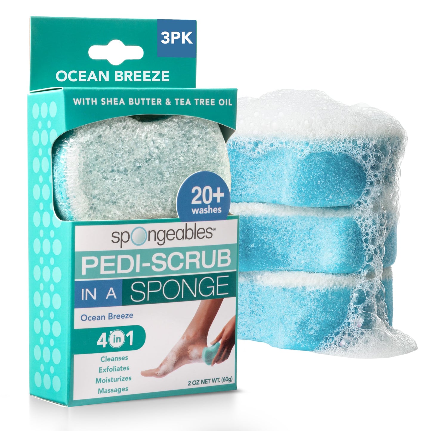 Spongables Pedi Scrub Foot Exfoliating 20+ Wash Sponge, Ocean Breeze, 3 Count