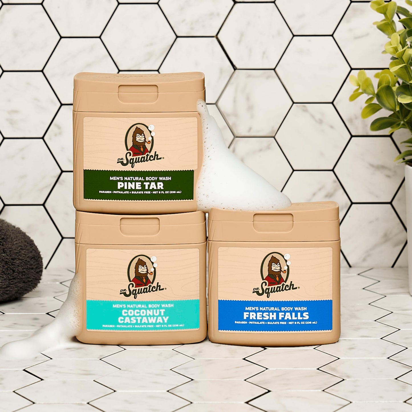 Dr. Squatch NEW Body Wash for Men with Nourishing, Natural Ingredients | No Paraben, Phthalate, Sulfate | All Day Moisturization | Pine Tar, Wood Barrel Bourbon & Fresh Falls (8 oz, 3-Pack)