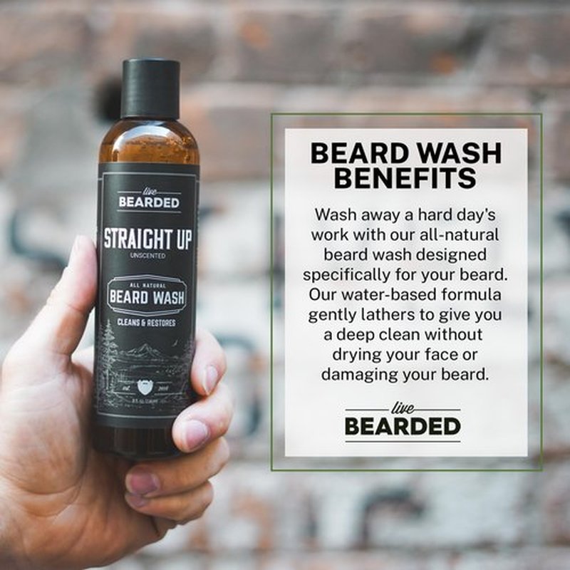 Live Bearded: Beard Wash - Straight Up - Beard and Face Wash - 8 fl. oz. - Water-Based Formula with All-Natural Ingredients for a Gentle, Deep Cleanse - Made in the USA