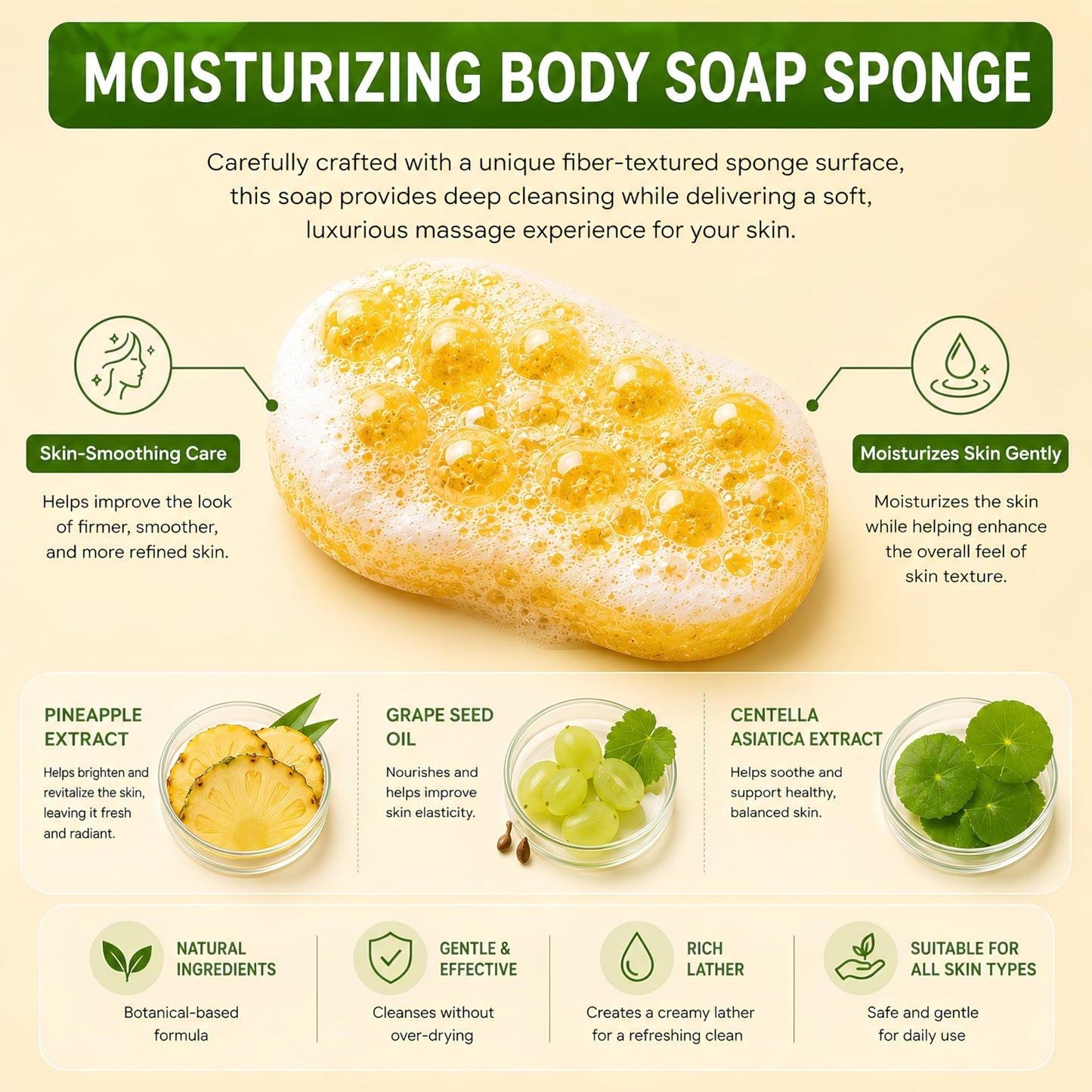 SpongeArt Skin Smoothing Sponge Soap Bar – Exfoliating Massage Soap with Textured Fiber Surface – Moisturizing Body Cleanser – 3.5 oz (Bromelain & Caffeine)