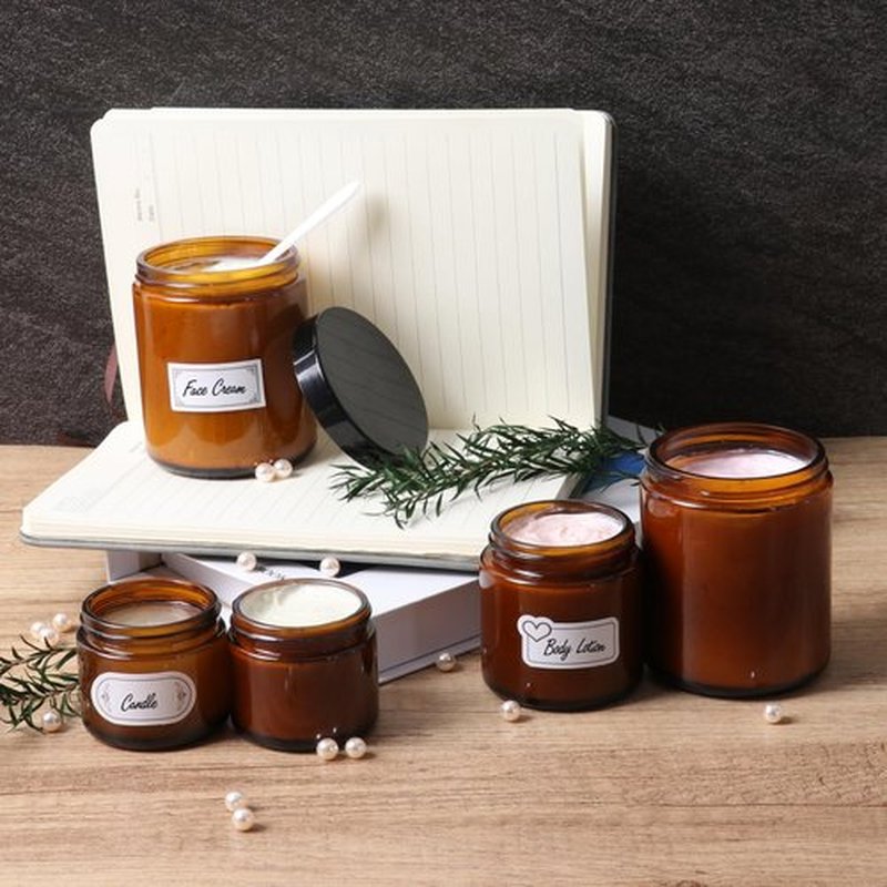 2 Pack 4 oz Amber Glass Jars with lids, Cosmetic Jars with Inner Liners and Black Lids, Lotion Jars, Candle Making Jars for Lotions, Scrubs and Cosmetic, Lables and Spatulas Include