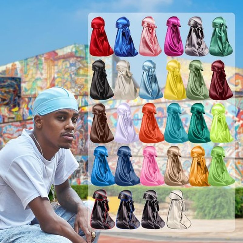 ForceWave Silky Durag for Men Wave Cap Satin Dorag for Men Women 360 Wave (Black with White Seam)
