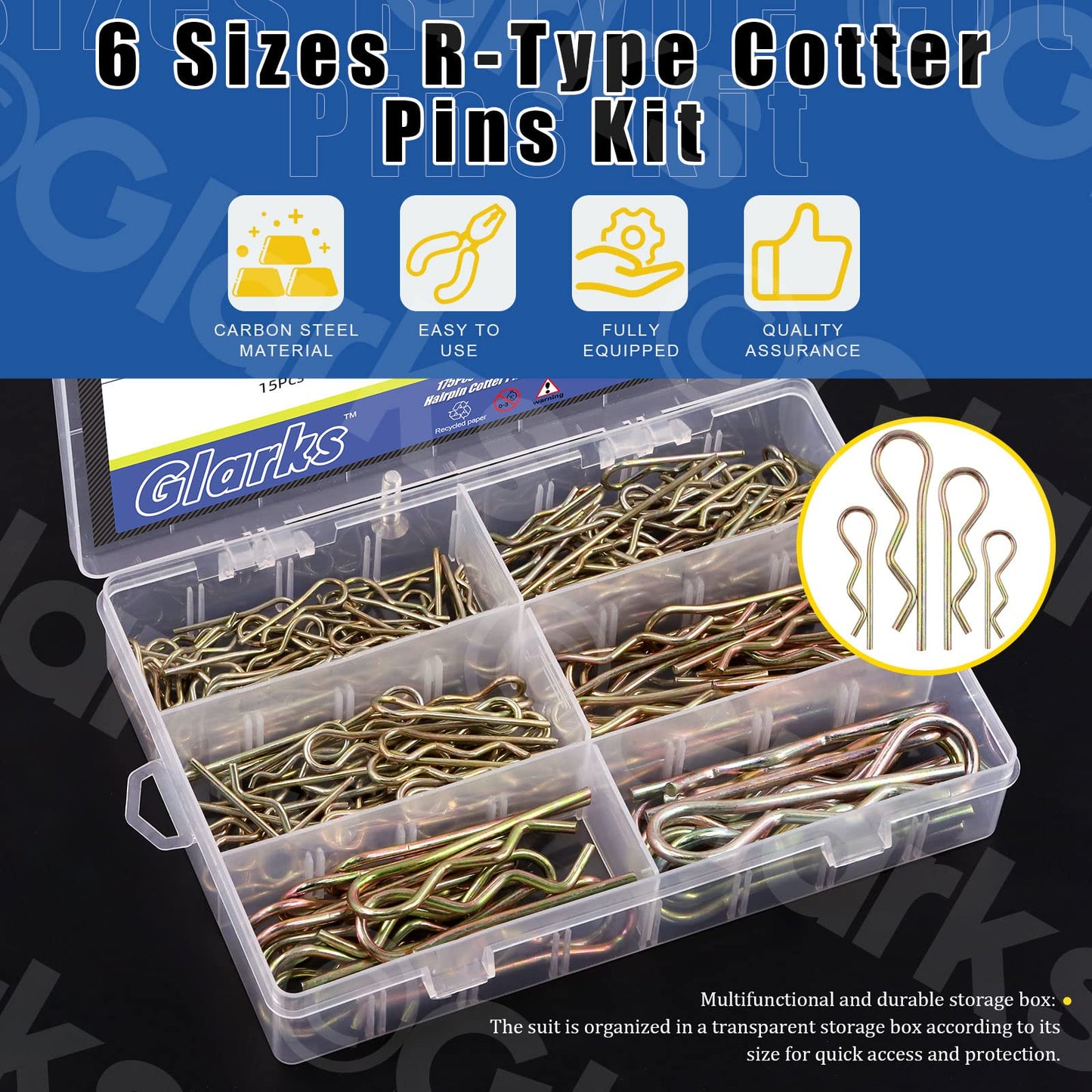 Glarks 175Pcs Hairpins R Clips Cotter Pins Assortment Kit 6 Sizes Zinc Plated Carbon Steel R Pin Hair Pin Clips Spring Fasteners for Hitch Pin Lock Systems