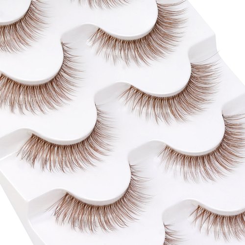 Veleasha Brown Lashes Cat Eye Lashes Wispy Faux Mink Lashes 100% Handmade Natural Look False Eyelashes with Clear Band Lightweight Fluffy False Eyelashes 5 Pairs Pack(Brown01)