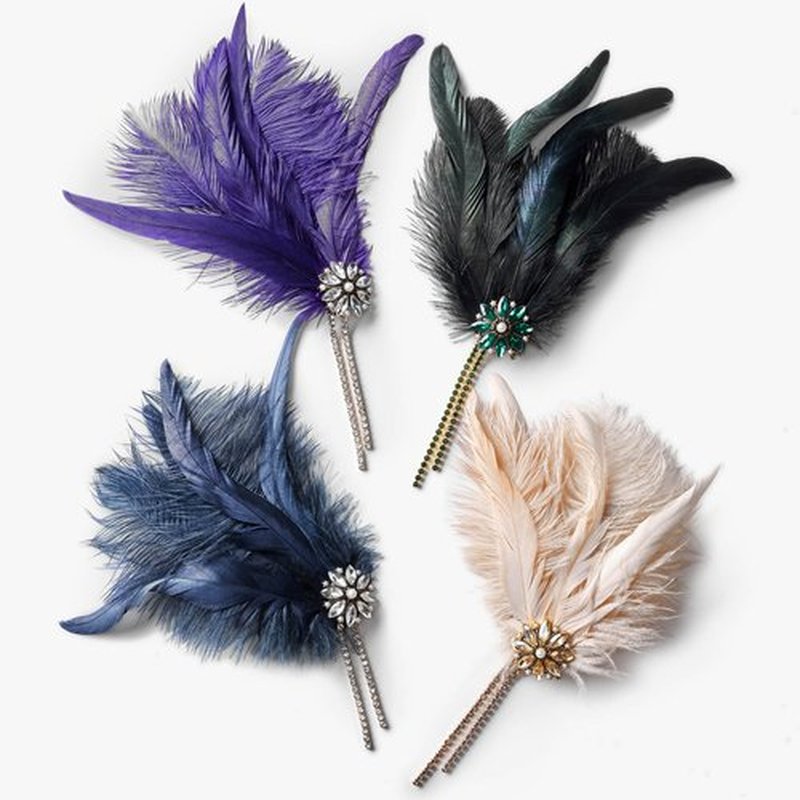 SWEETV 1920s Headpiece Flapper Headband, Rhinestone Pearl Feather Hair Band Great Gatsby Headpiece Accessoreis for Women,Dark Blue