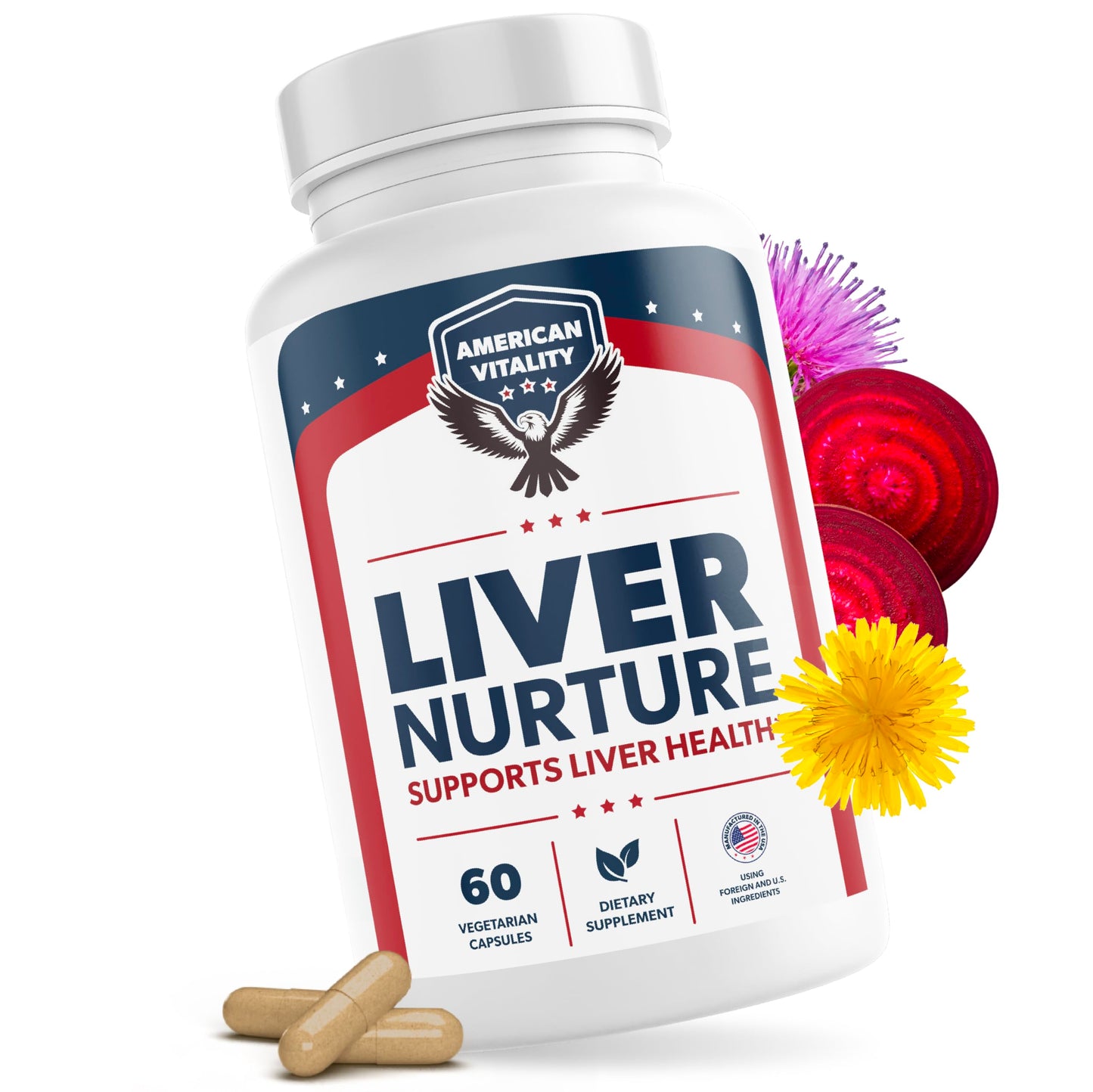 AMERICAN VITALITY Liver Nurture - Liver Supplement Formula with Milk Thistle, Artichoke, Dandelion, Beet Root, Turmeric & More - Liver Support Supplements - 60 Capsules