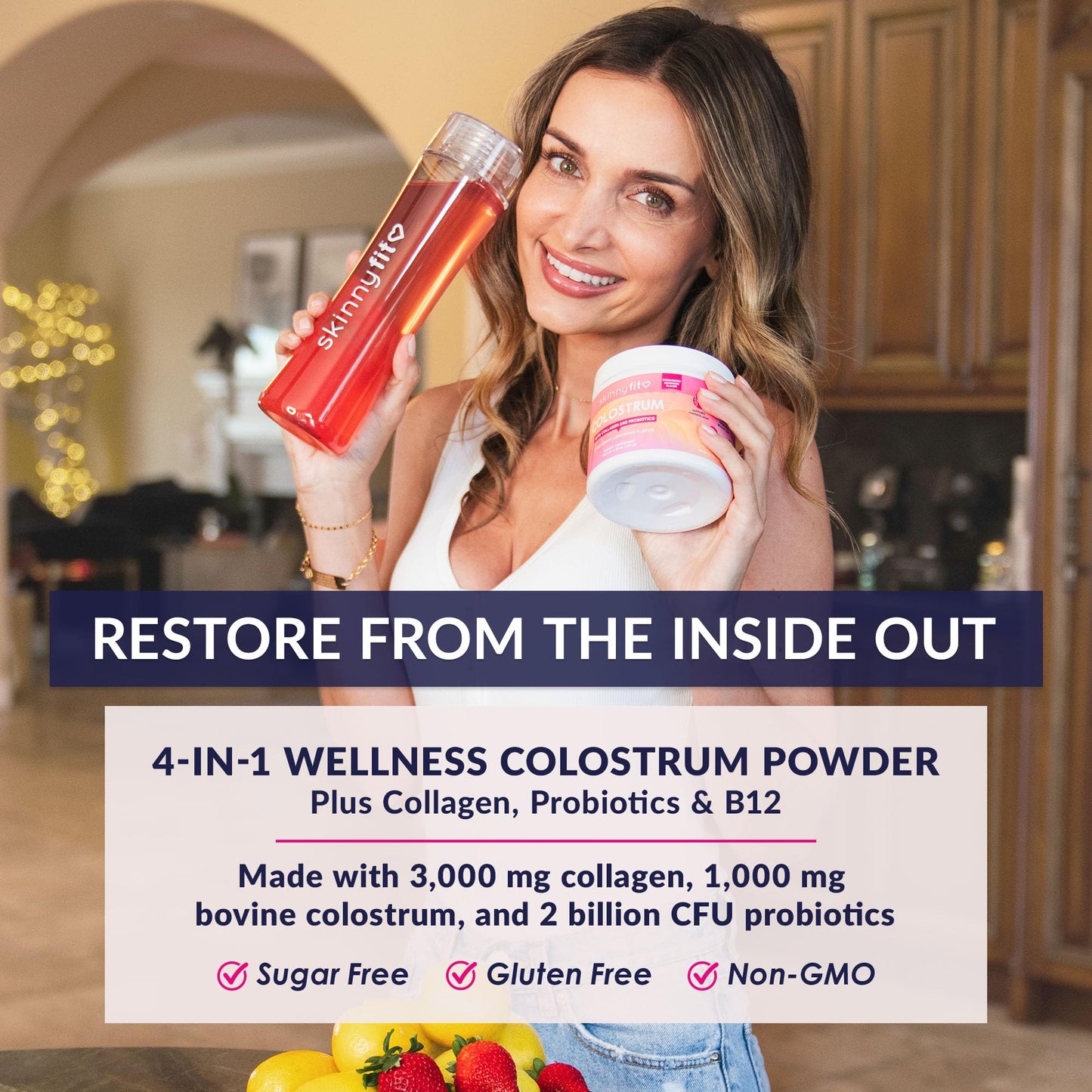 SkinnyFit - Colostrum Powder (Strawberry Lemonade) - Collagen Peptides, Probiotics, Vitamin B12 - Supports Immunity, Skin & Gut Health - Non GMO, Gluten Free, Sugar Free - Beauty, Skin Care, Self Care