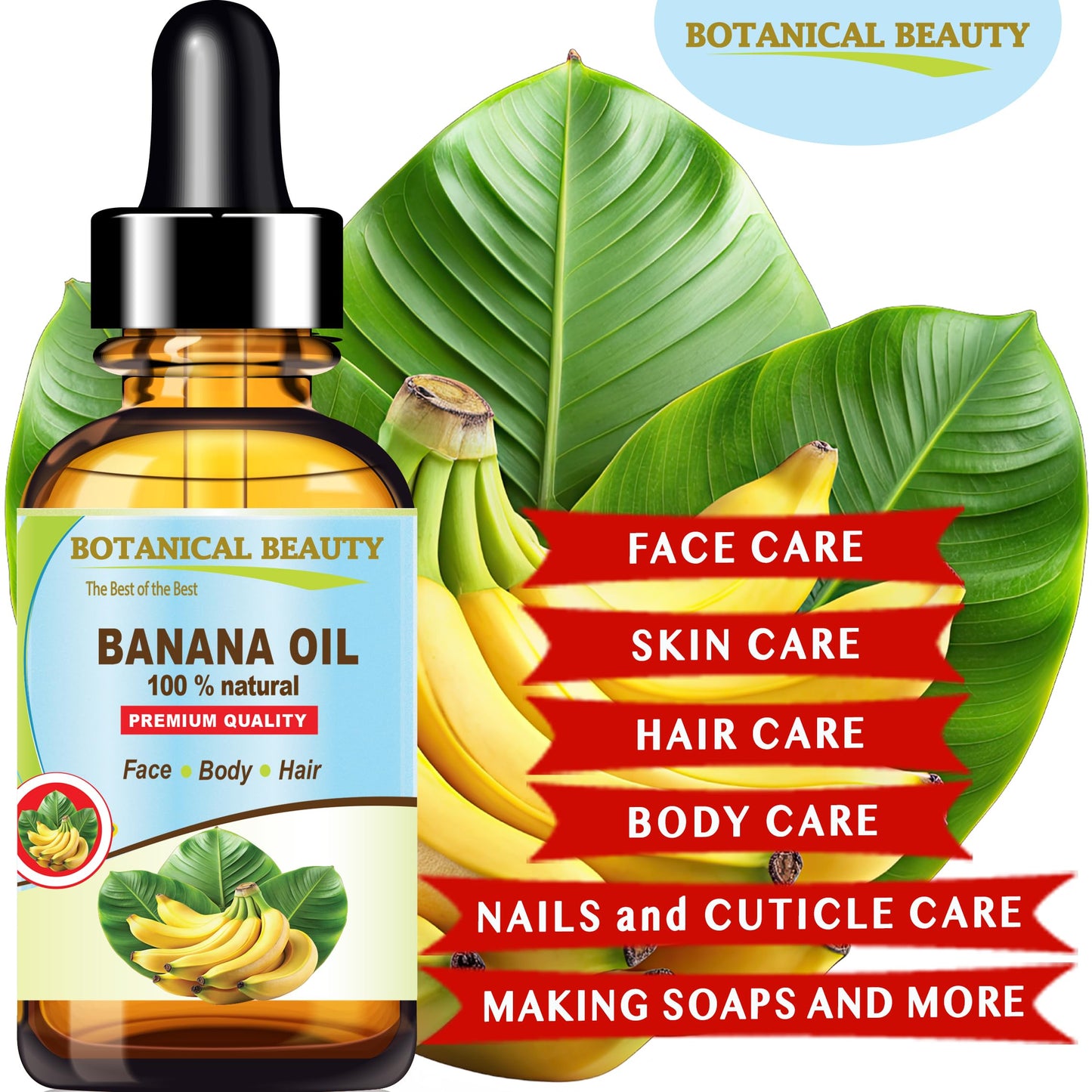 Botanical Beauty BANANA OIL 100% Natural Pure Virgin Unrefined Cold Pressed Carrier Oil for Face, Skin, Hair, Lip, Nails for Dry, Sensitive, Normal Skin 0.5 Fl Oz 15 ml