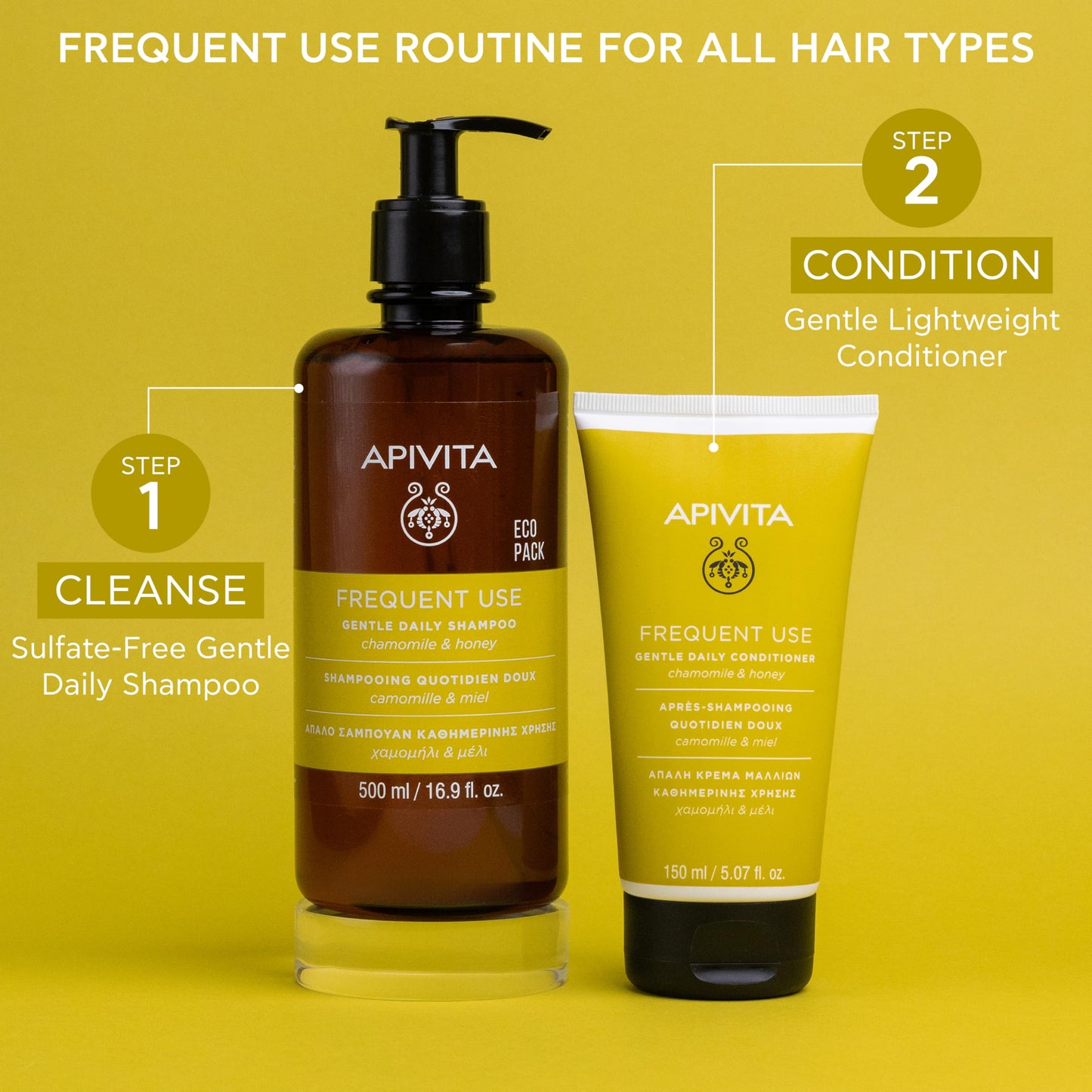Apivita Frequent Use Gentle Daily Shampoo, Natural Sulfate-Free and Paraben-Free Shampoo with Chamomile and Honey, Hydrates, Offers Softness and Elasticity