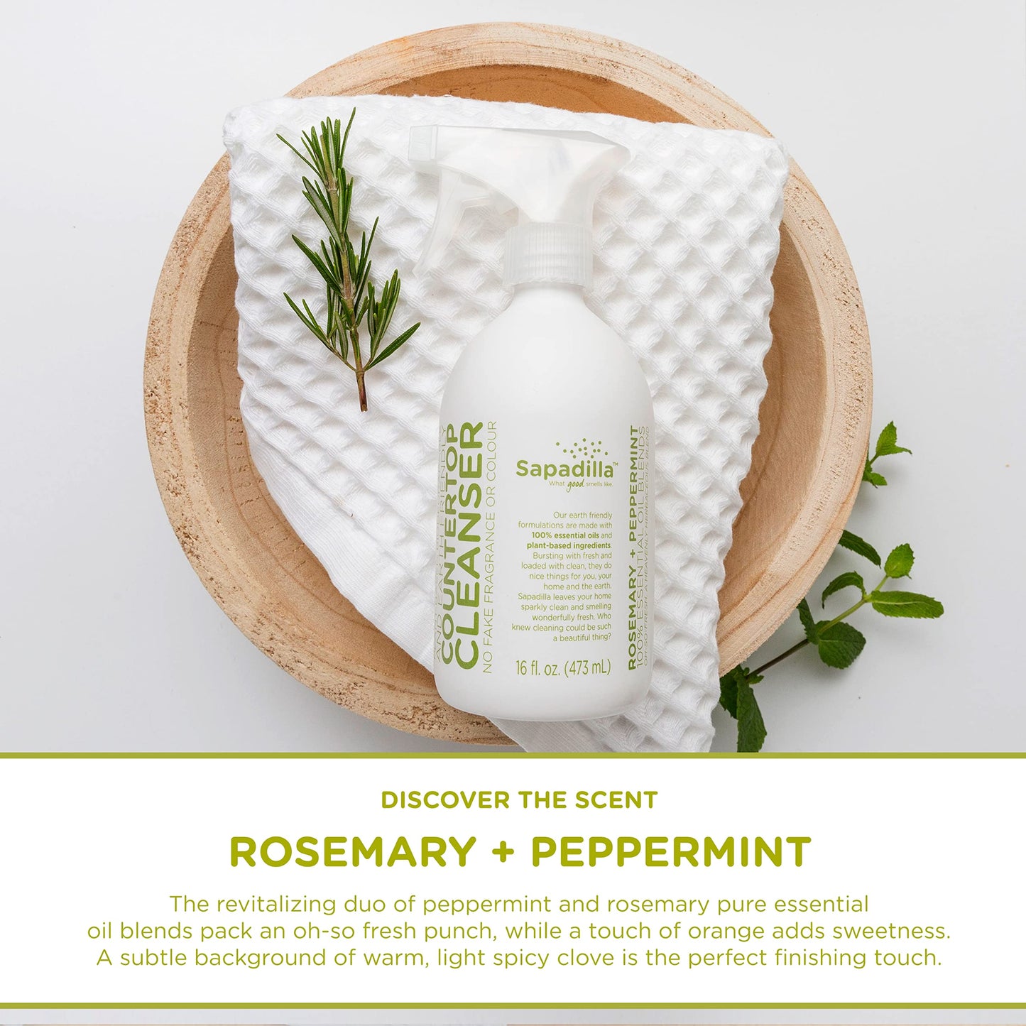 Sapadilla Multi-Surface Countertop Spray - Rosemary + Peppermint - Made with 100% Pure Essential Oil Blends, Multi-Purpose Household Cleaner, Aromatic, Plant Based, Biodegradable, 16 Ounce (Pack of 1)