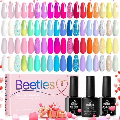 beetles Gel Polish Set 39Pcs Red Pink Blue Glitter Gel Nail Polish with Base Top Coat Soak off Uv LED Lamp Macaroon Bright Pastel Nail Manicure Kit DIY Home Gifts for Women Girls