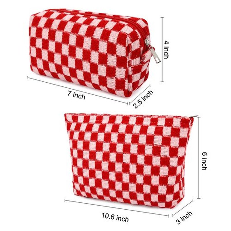 SOIDRAM 2 Pcs Checkered Makeup Bag Large Cosmetic Bag Toiletry Bag Makeup Pouch Travel Bag Organizer Cute Makeup Brushes Aesthetic Accessories Storage Bag for Women Red