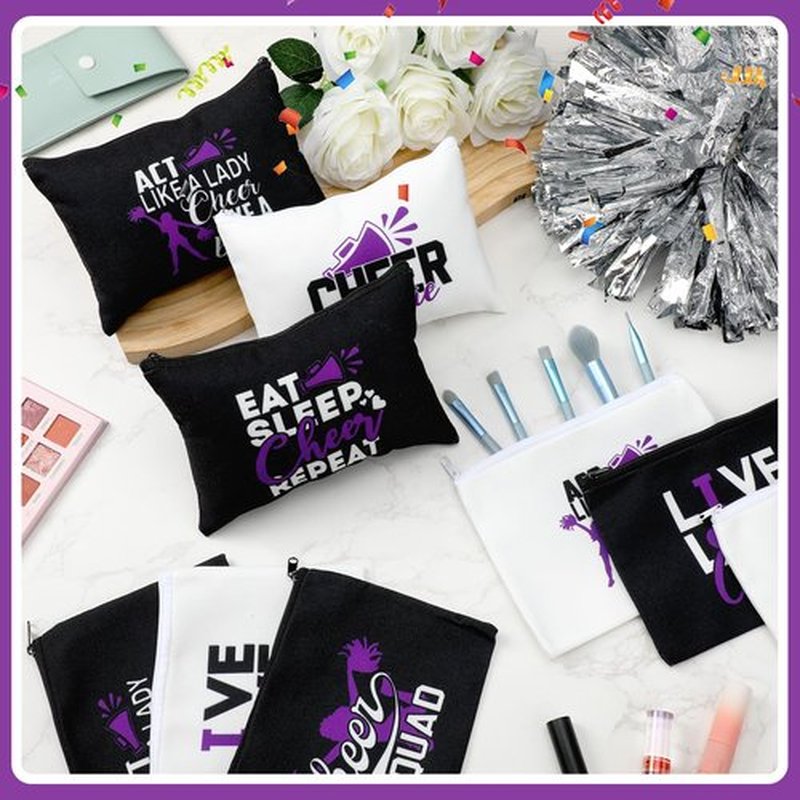 Pinkunn 20 Pcs Cheer Makeup Bags Bulk Cheerleader Gifts for Women Canvas Cheer Cosmetic Pouch Toiletry Zipper Makeup Case Cheerleading Portable Travel Pouch Cheer Team Accessories (Purple)