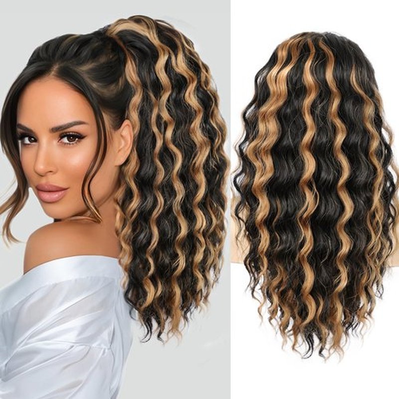 HMD Curly Ponytail Extension Drawstring Ponytail for Black Women Black with Ginger Curly Clip in Hair Extensions 18 Inch Ponytail Extension Synthetic Hairpiece for Daily Party(1BH27)