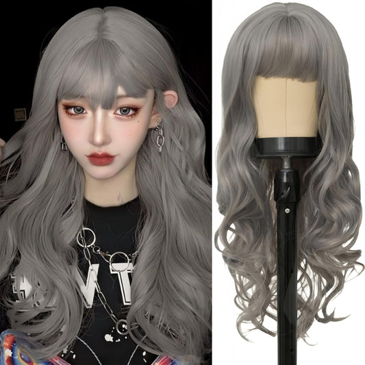 Salaibs Grey Long Curly Wavy Wigs for Women with Bangs Natural Wave Dark Gray Hair Wig Synthetic Heat Resistant Halloween Daily Wig
