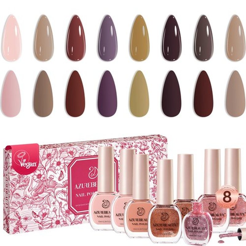 AZUREBEAUTY Nail Polish Set, 8 Colors Brown Glitter Nude Glitter Fall Winter Quick Dry Natural Vegan Nail Lacquer Strengthening Treatment Kit with Top Coat DIY Salon at Home