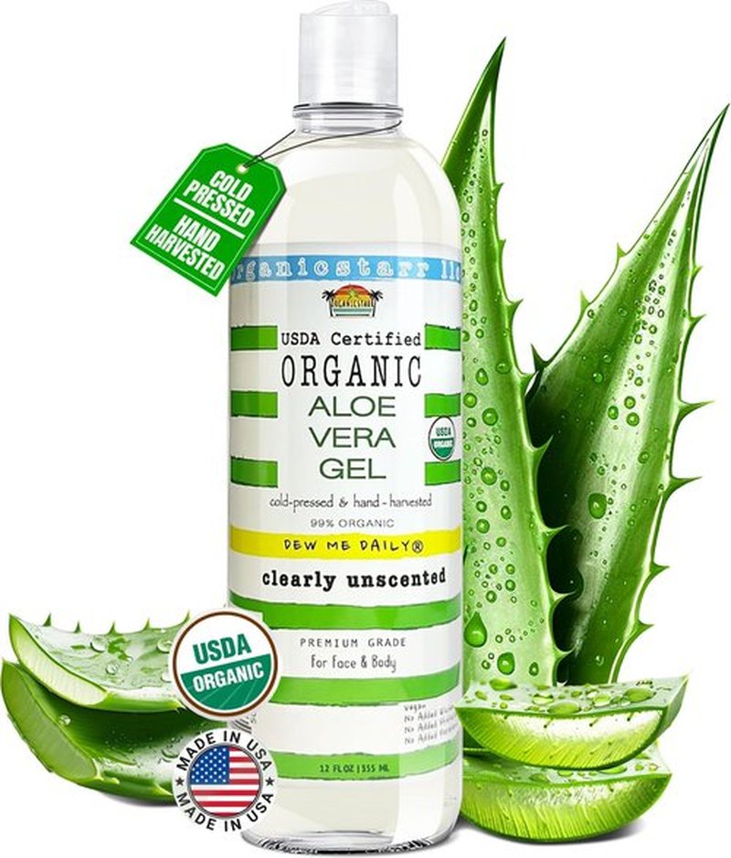 DEW ME DAILY USDA Certified Organic Aloe Vera Gel 12 oz - 100% Pure, Cold Pressed, Hand Harvested, Unscented, Chemical-Free - Skin & Hair Care, Sunburn Relief, Made in USA