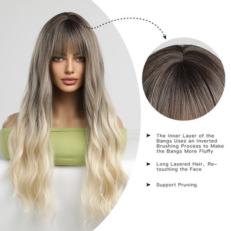 OMELPIS Ash Blonde Wig for Women Long Ombre Gray to Platinum Wavy Curly Synthetic Wigs with Bangs Natural Brown Roots Heat Resistant Fiber Ideal for Daily Wear Parties and Holidays 26In