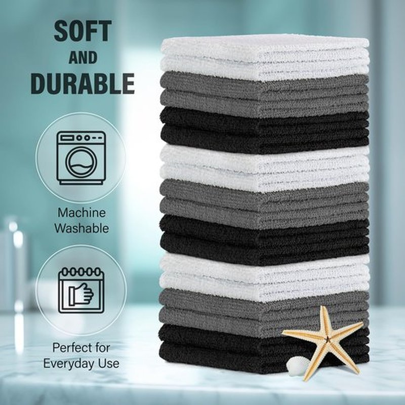 DecorRack 18 Pack 100% Cotton Wash Cloths, Ultra Soft, 11 x 11 inch Ultra Absorbant, Machine Washable Premium Washcloths, Gray (18 Pack)