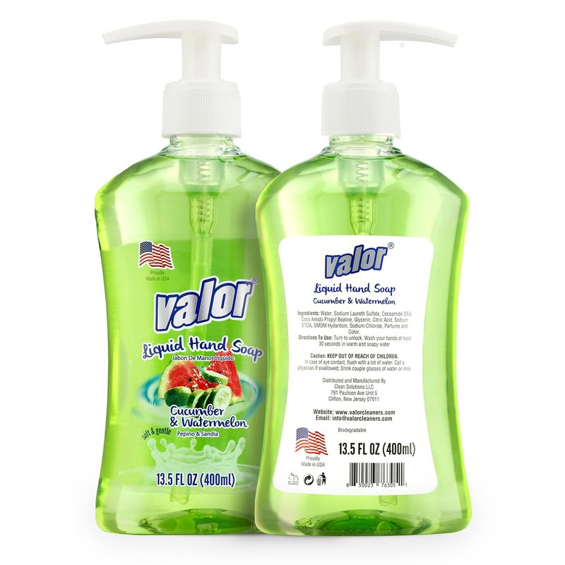 Valor Moisturizing Liquid Hand Soap - Cucumber & Watermelon Scent | 13.5 Fl Oz, Pack of 6 - All Skin Types