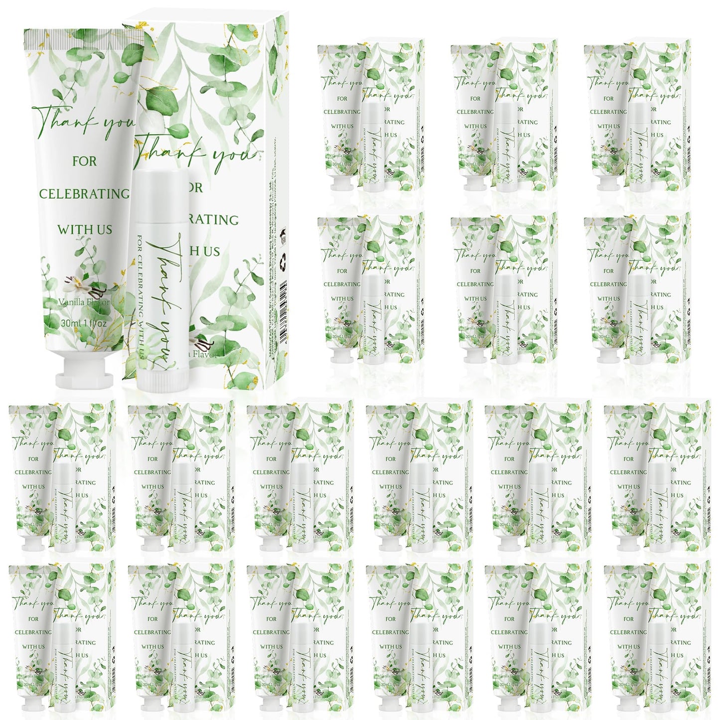 50 Sets Moisturizing Hand Cream Lip Balm Gift Kit for Wedding Return Thank You Welcome Gifts Sage Green Eucalyptus Leaf Theme Baby Shower Birthday Gifts Party Favors Games Prizes Winter Wedding Guests