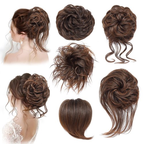 HSLHDI Messy Hair Bun Hair Piece for Women Short Bun Tousled Synthetic Elastic Scrunchies Hairpiece for Women Girls (1-5pcs, 4/30#-Darkest Brown & Light Auburn)…