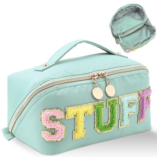 LONEDREAM Stoney Clover Preppy Makeup Bag, Large Capacity Travel Cosmetic Bag, Chenille Letter Open Flat Nylon Stuff Makeup Bag, Preppy Patch Better Belt Everything Makeup Bag, Green