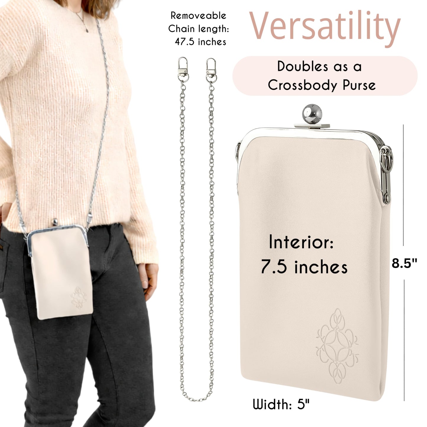 BORSALI Double Eyeglass Case for Women- Small Vegan Leather Crossbody Phone Bag - Soft Versatile Sunglass & Cell Phone Purse in one -Crossbody Chain Incl. (Cream)