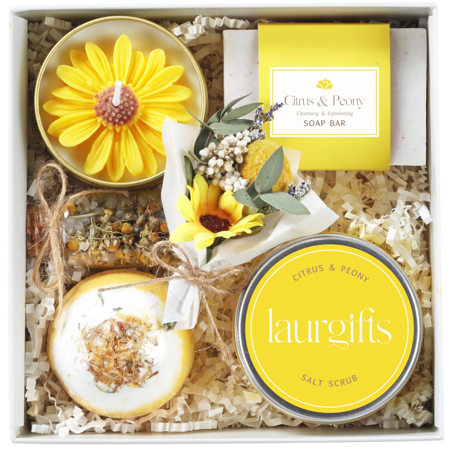 Birthday Gifts for Women – Yellow Sunshine Spa Gift Box, Luxury Bath & Self Care Package with Citrus & Peony Scent for Mom, Sister or Friend