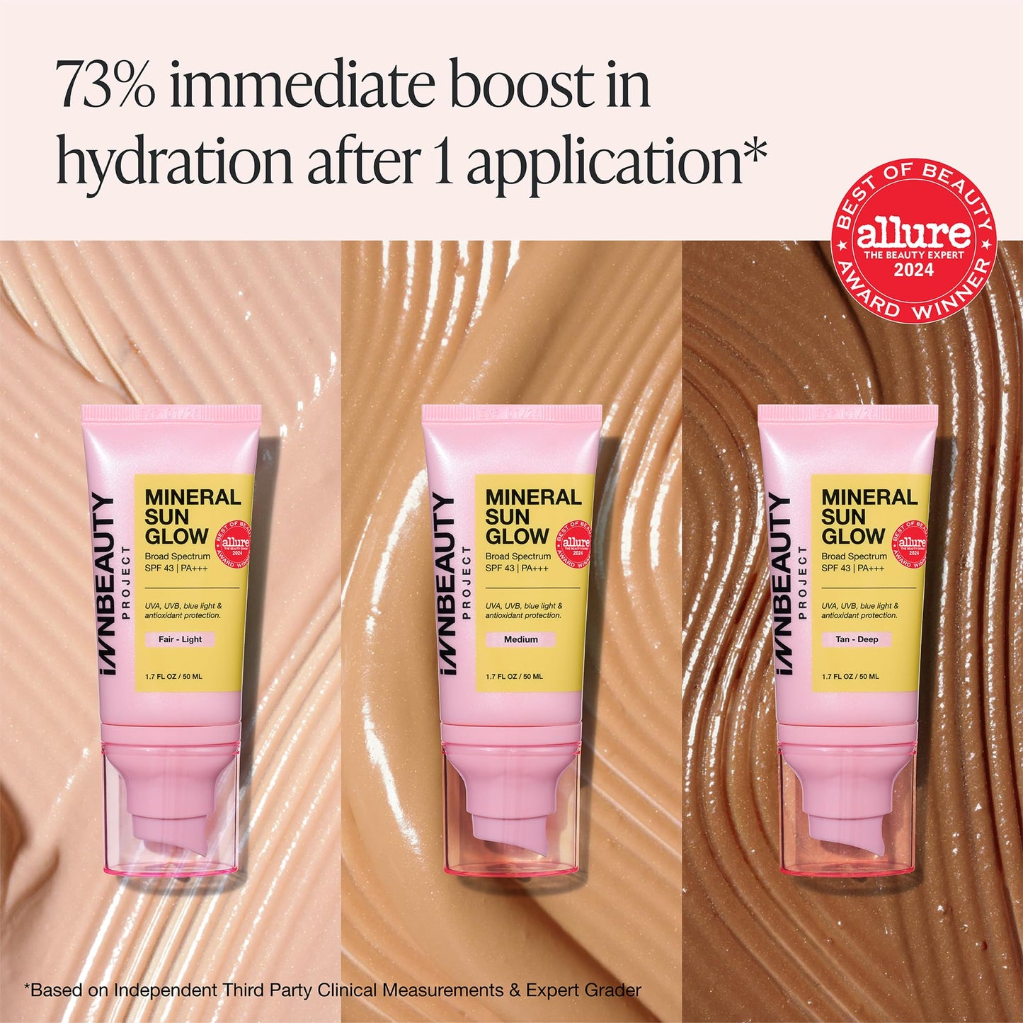 INNBEAUTY Project Mineral Sun Glow Broad Spectrum Sunscreen SPF 43 PA+++ with Peptides & Vitamin C, Fair-Light, 1.7 OZ (50ml)