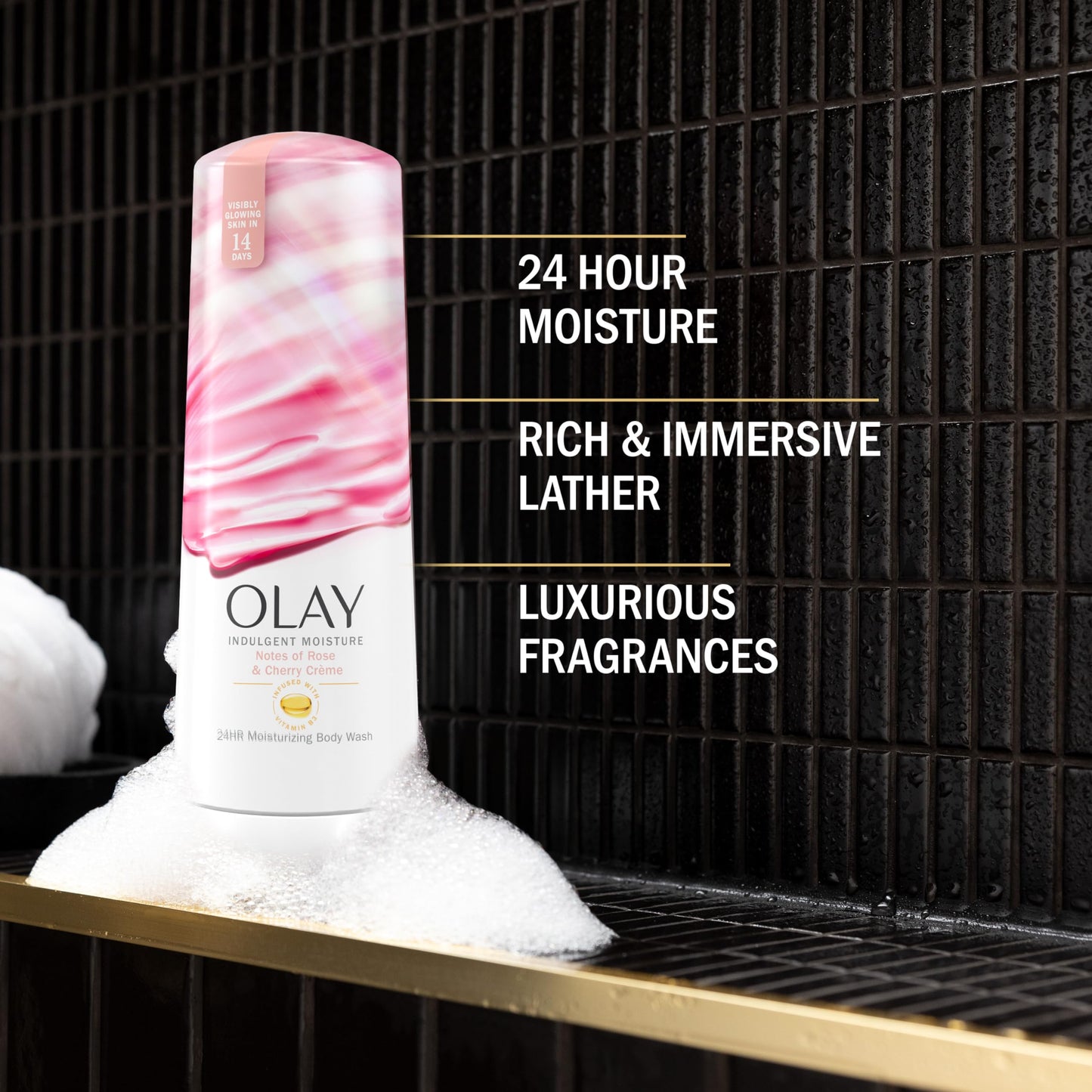 Olay Body Wash for Women,Indulgent Moisture,24hr Moisturizing & Nourishing Formula,Infused with Vitamin B3 Complex,Luxurious Fragrances,Rose & Cherry Creme Scent,20 fl oz,(Pack of 2)