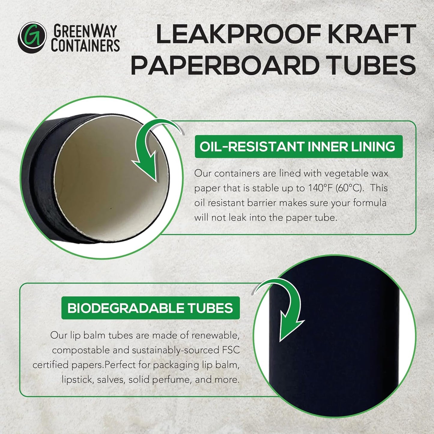 Kraft Paperboard Lip Balm Tubes - 0.15oz Refillable DIY Cosmetic Containers | 25 Pack, Extra Thick Push-Up Bottom, Black
