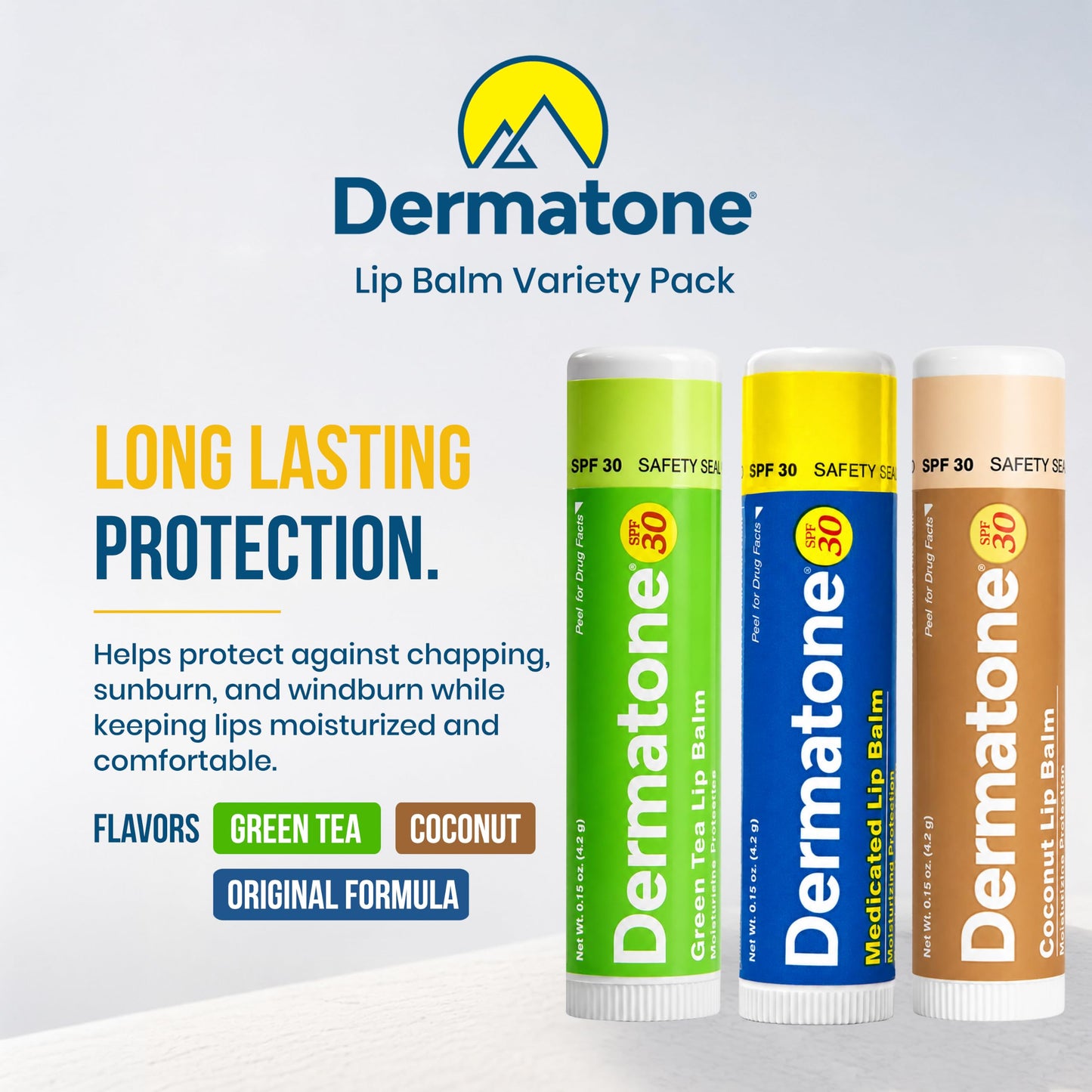 Dermatone Lip Balm Variety Pack | Moisturizing Lip Care | Soothe & Replenish Dry & Chapped Lips | SPF 30 | Aloe, Tea Tree Oil | 3-Pack (Coconut, Green Tea, Original)